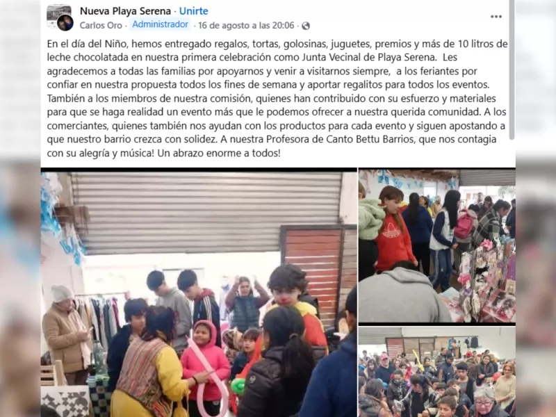 Playa Serena: vecinos hicieron el Día del Niño por su cuenta y la Sociedad de Fomento de Benítez quedó fuera de las menciones