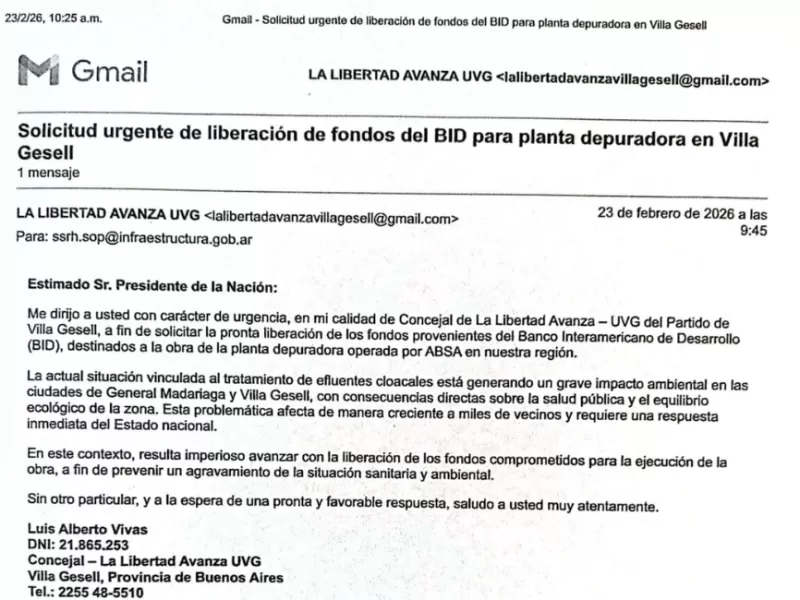 Un concejal de Villa Gesell pidi&oacute; al Gobierno Nacional la liberaci&oacute;n urgente de fondos del BID