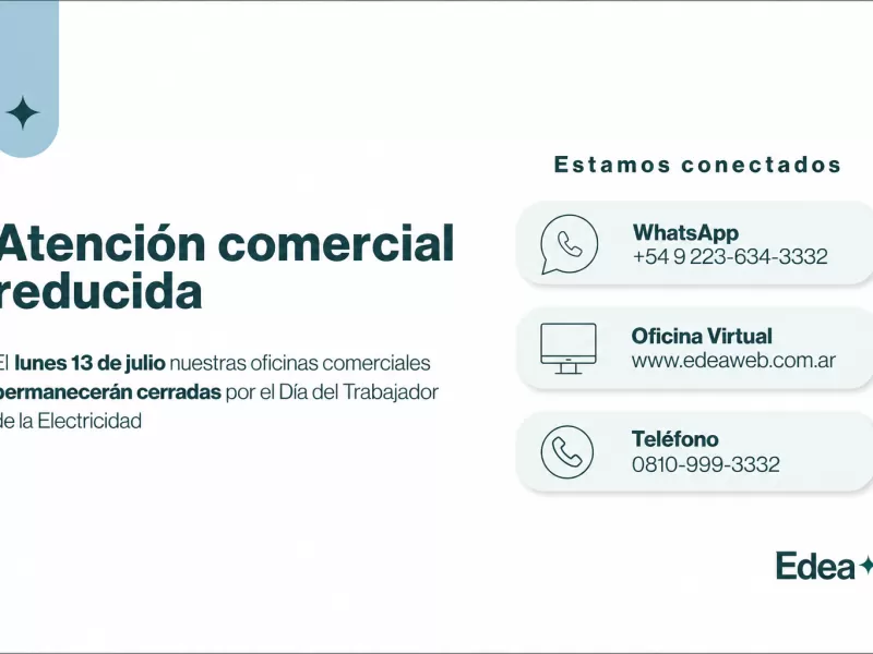 EDEA tendr&aacute; atenci&oacute;n comercial presencial el pr&oacute;ximo lunes 13 de julio