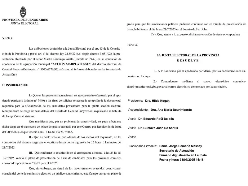 La Junta Electoral bonaerense le bajó la lista a Acción Marplatense