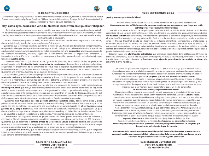 La Juventud del Partido Justicialista de Mar del Plata sentenció que sus ideas "viven en el pueblo trabajador"