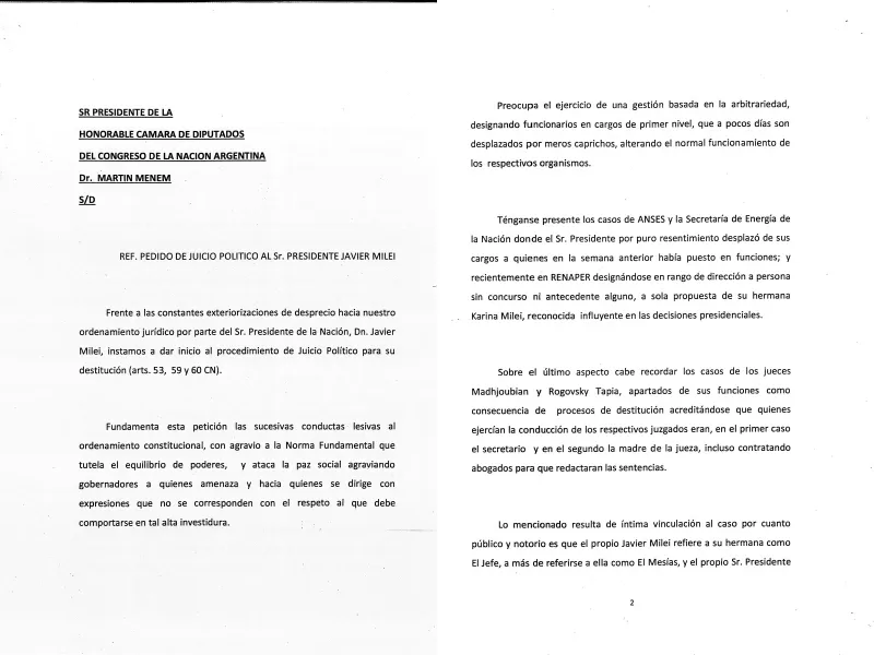 Nuevo pedido de juicio político contra el presidente Javier Milei