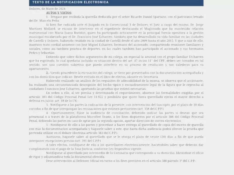 Confirmaron la querella al intendente Echarren de Castelli por supuestas mentiras