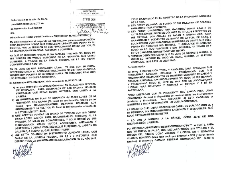 Una carta denuncia un supuesto fraude masivo con tierras y apunta contra Kicillof y su Gabinete bonaerense