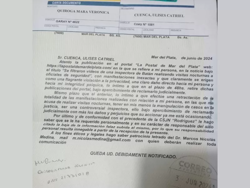 La inspectora Mara Quiroga le envió una carta documento a La Postal de Mar del Plata por filtrar vídeos de ella