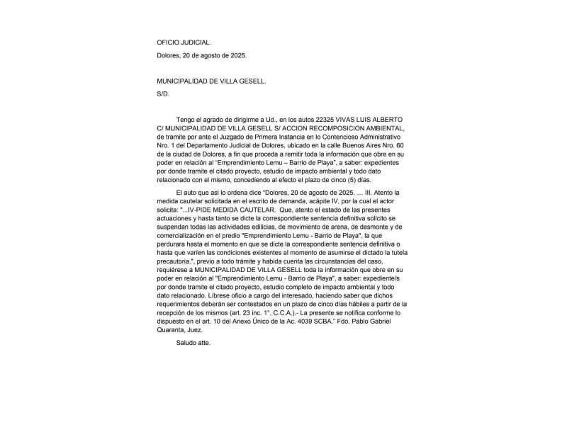 Juzgado ordena acceso a documentación y suspende las obras del emprendimiento "Lemu y Barrio de Playa" en Villa Gesell