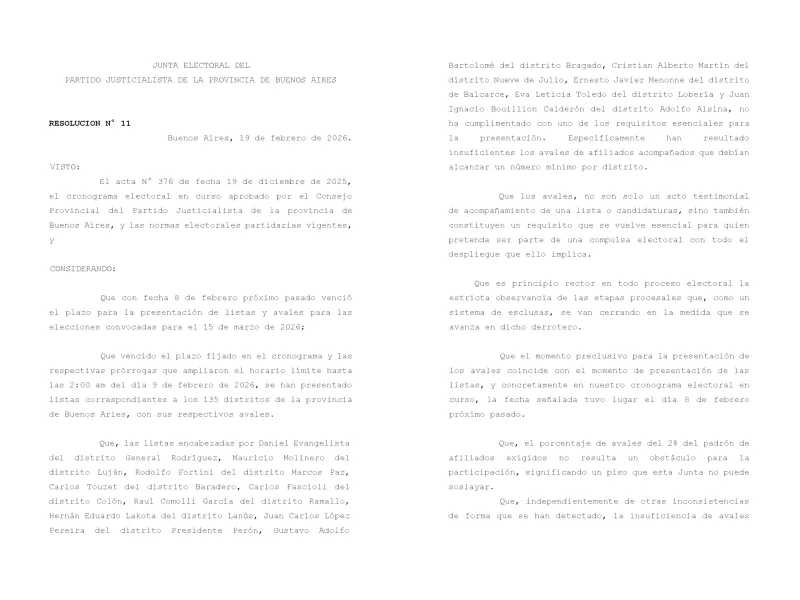 PJ bonaerense: la Junta Electoral rechaz&oacute; listas en varios distritos por avales insuficientes y achica la interna rumbo al 15 de marzo